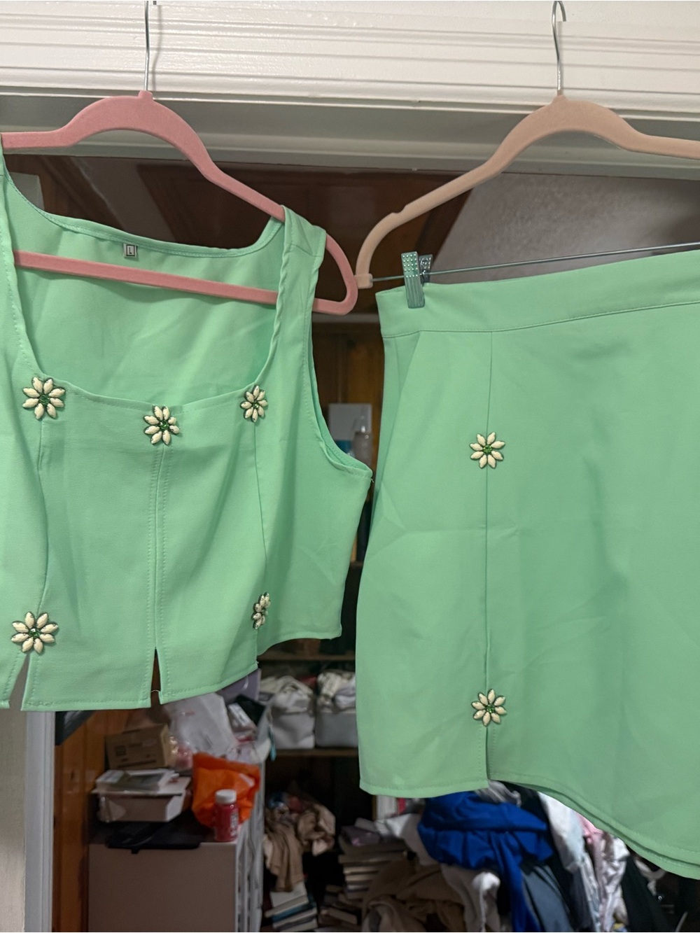 SHEIN Mint Green Mini Skirt with Daisy Embellishments